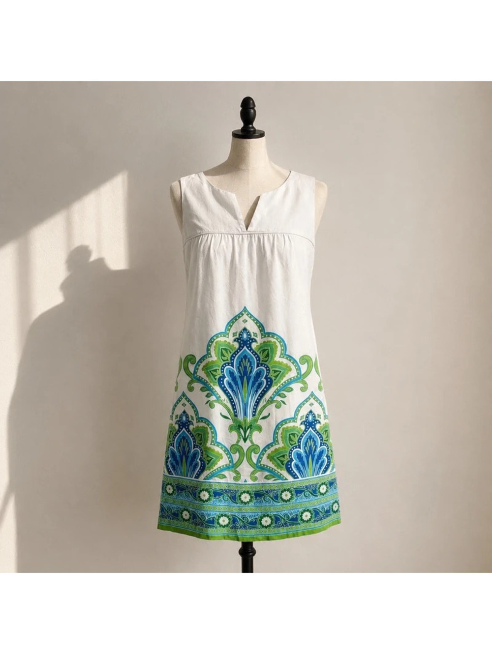 London Times Petite Cotton Shift Dress 12P Blue Green Print Sleeveless Summer